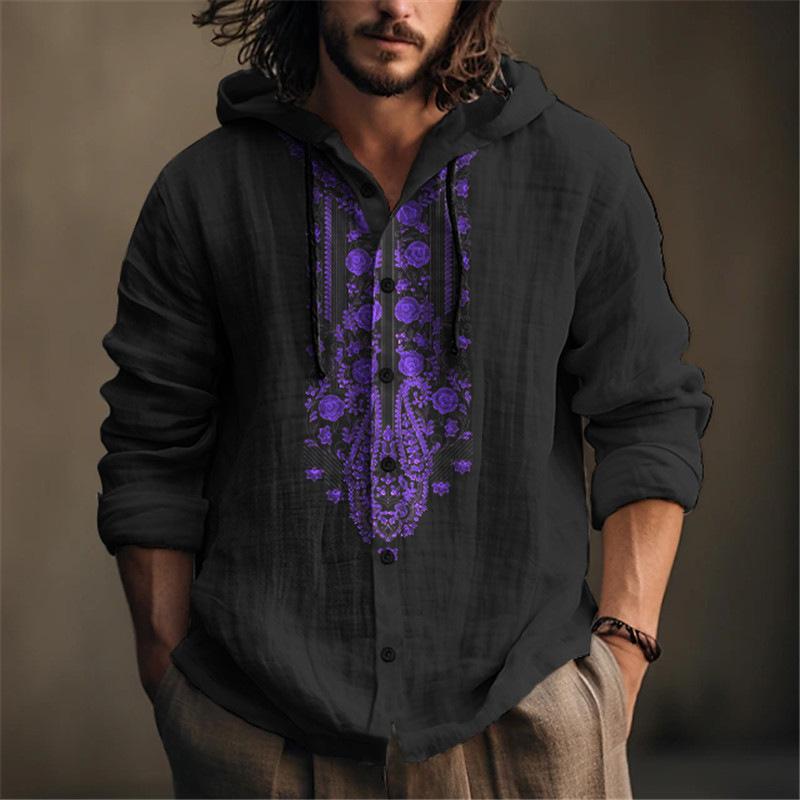 MenS Casual Ethnic Print Patchwork Hooded Long-Sleeved Shirt 42657959Y