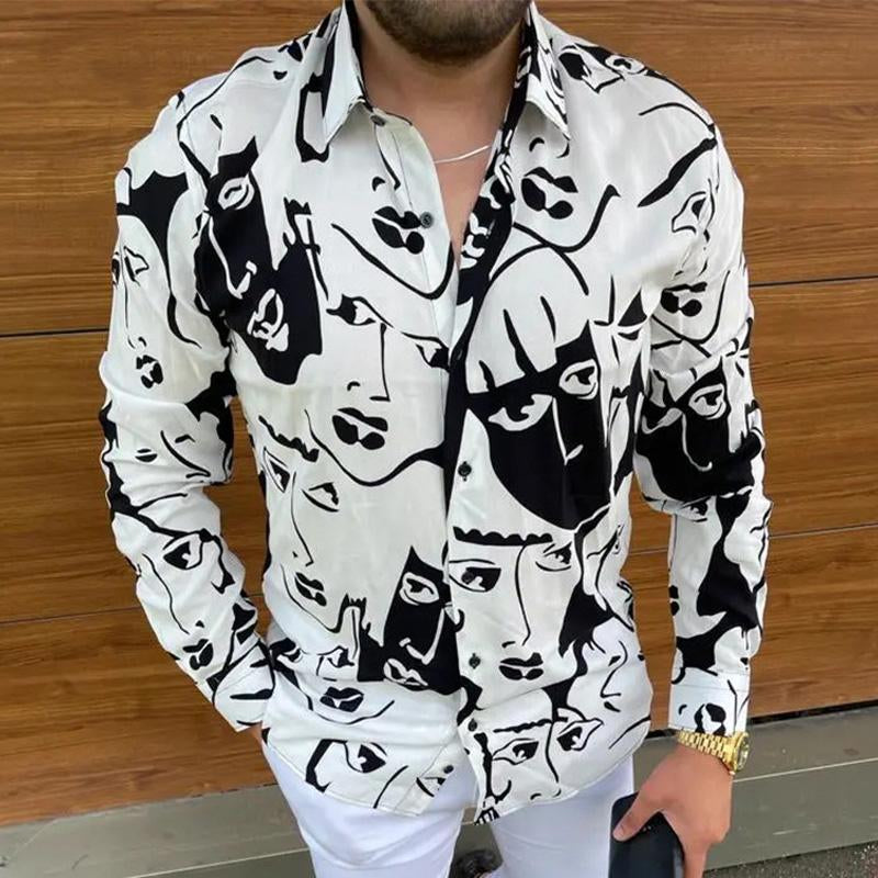 Mens Fashion Printed Slim Lapel Long Sleeve Shirt 95930073M