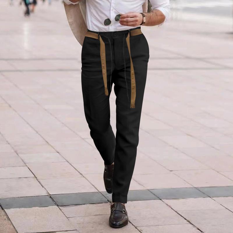 Mens Casual Solid Color Slightly Elastic Breathable Belt Pants 78569391M