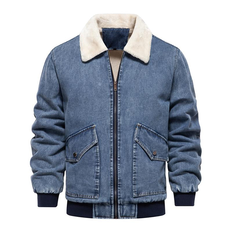 Mens Vintage Fleece Warm Lapel Single Breasted Denim Jacket 56398504M