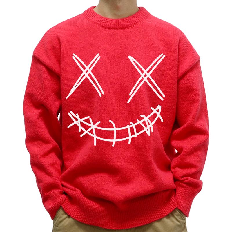 Mens Casual Round Neck Smiley Print Long Sleeve Pullover Sweater 57395732M