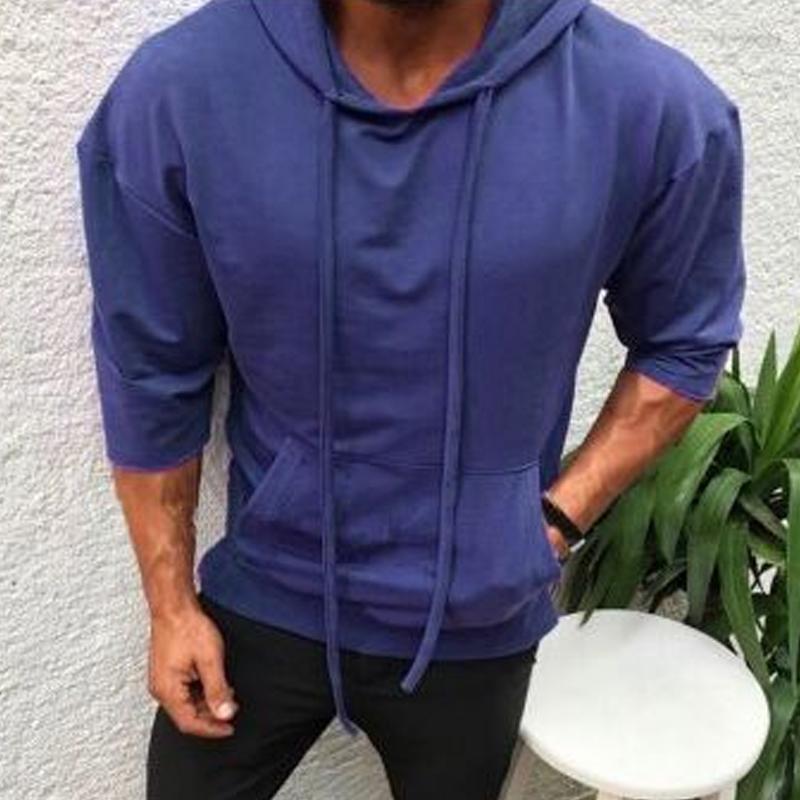 Mens Casual Solid Color Three Quarter Sleeve Hooded T-Shirt 97953922Y