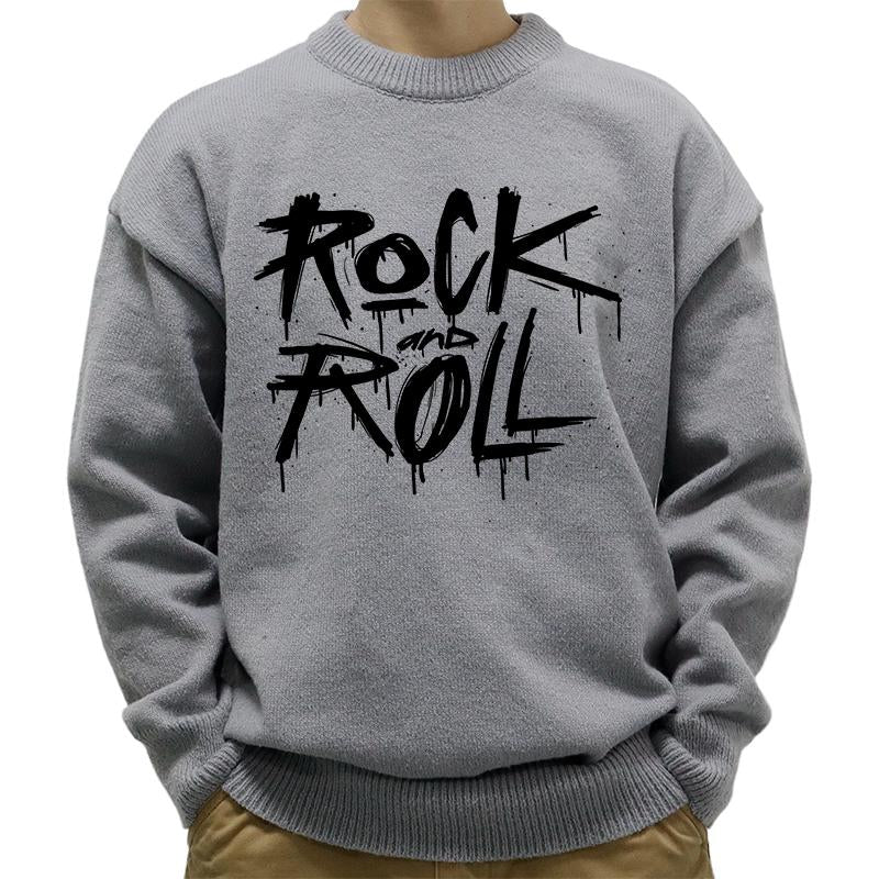 Mens Casual Round Neck Rock And Roll Print Long Sleeve Pullover Sweater 01398827M