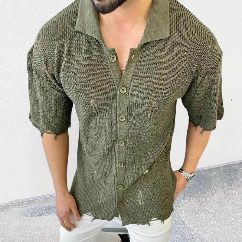 Mens Casual Summer Lapel Short Sleeve Hollow Slim Button Knit Sweater 86794447M