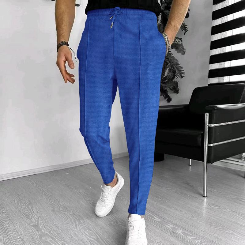 Mens Solid Waffle Elastic Waist Slim Casual Trousers 33746822Z