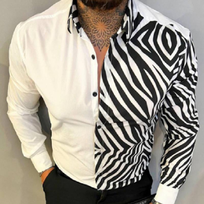 Mens Color Block Lapel Long Sleeve Leopard Print Shirt 29460245X