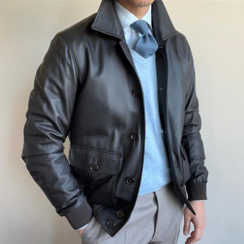 MenS Vintage Solid Color Large Pocket Lapel Leather Jacket 29267133Y