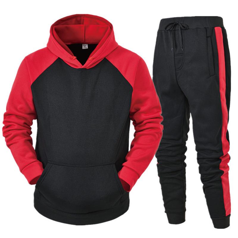 Mens Casual Color-blocked Long-sleeved Trousers and Hooded Sweatshirt Two-piece Set 68170540X