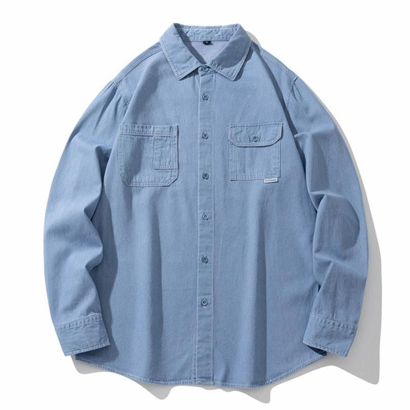 Mens Vintage Lapel Loose Long Sleeve Denim Shirt 78188207M