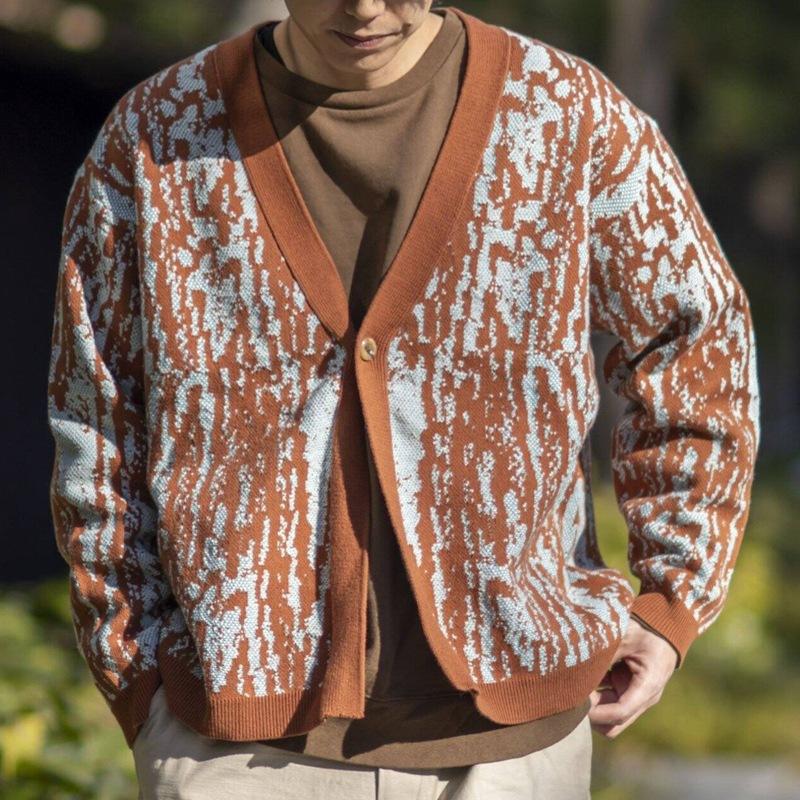 Mens Vintage V-Neck Thick Jacquard Knitted Cardigan 14694179M