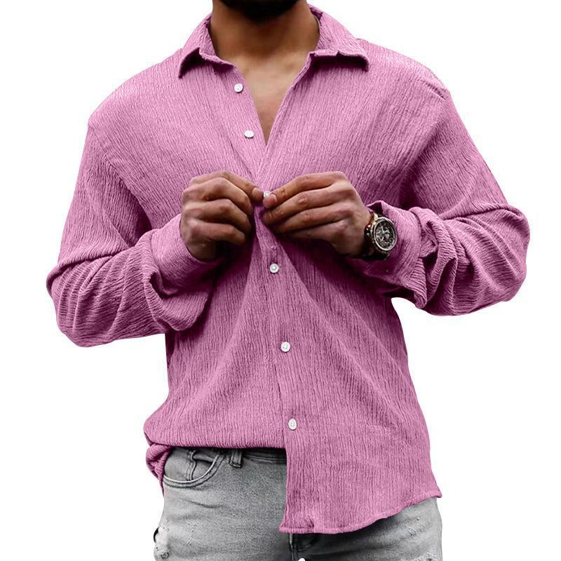 Mens Solid Loose Linen Lapel Long Sleeve Shirt 01526129Z