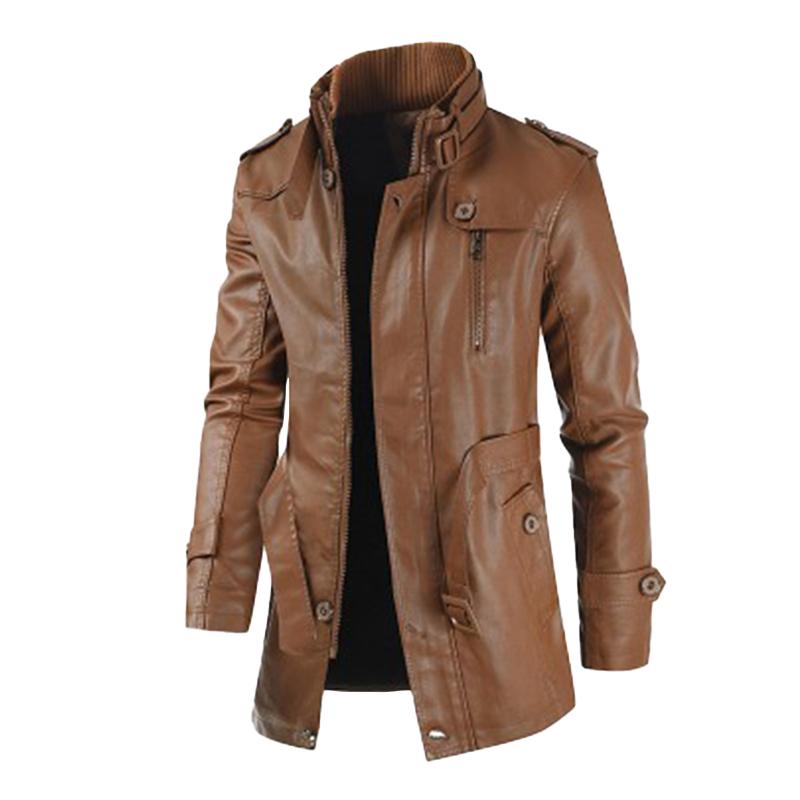 Mens Vintage Stand Collar Thickened Warm Mid-Length Zippered Leather Coat 59546013M