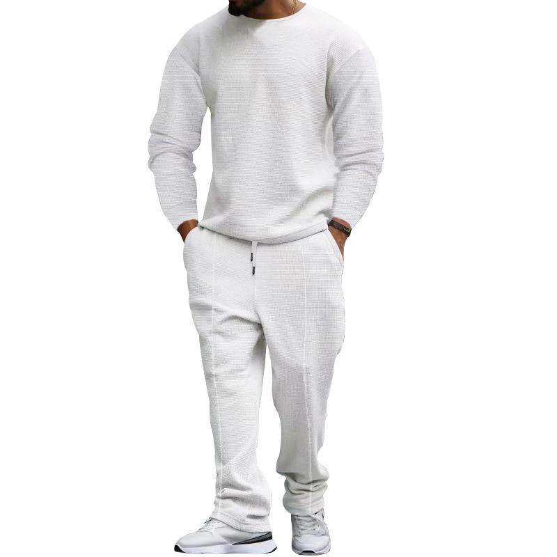 Mens Solid Color Round Neck Long-sleeved T-shirt and Trousers Casual Sports Two-piece Set 43979725X