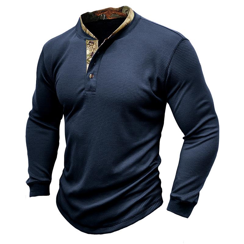 Mens Long Sleeve Outdoor Double Collar Waffle Crewneck Henley 48148003X