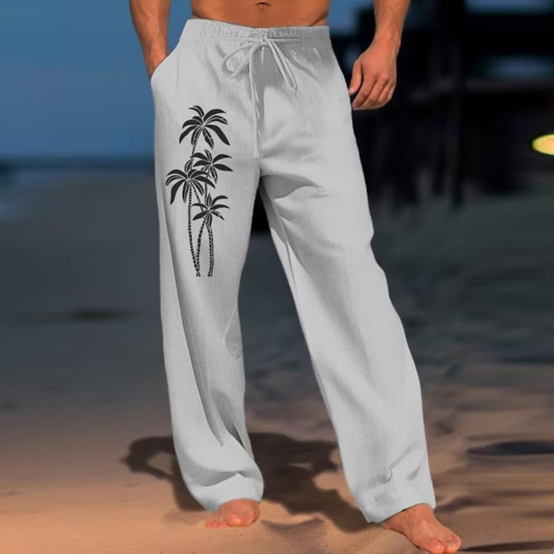 Mens Casual Solid Color Coconut Printed Beach Straight Leg Pants 98073205Y