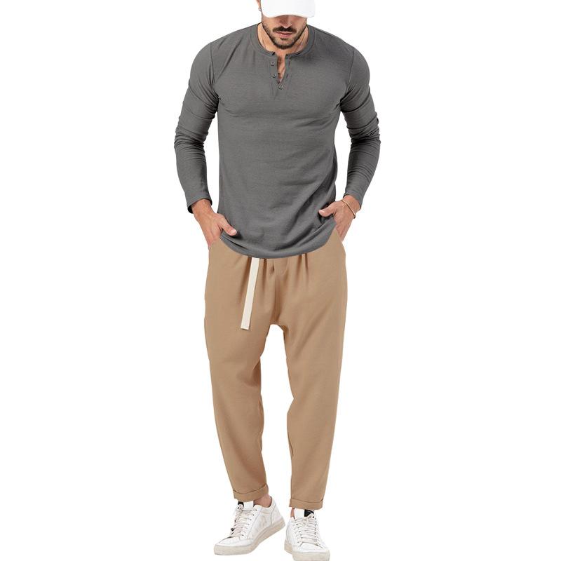 Mens Solid Color Casual Long Sleeve Henley T-Shirt Trouser Set 72706978X