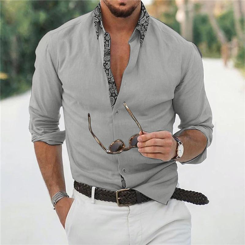 Mens Long Sleeve Colorblock Cotton Linen Lapel Shirt 89403853X