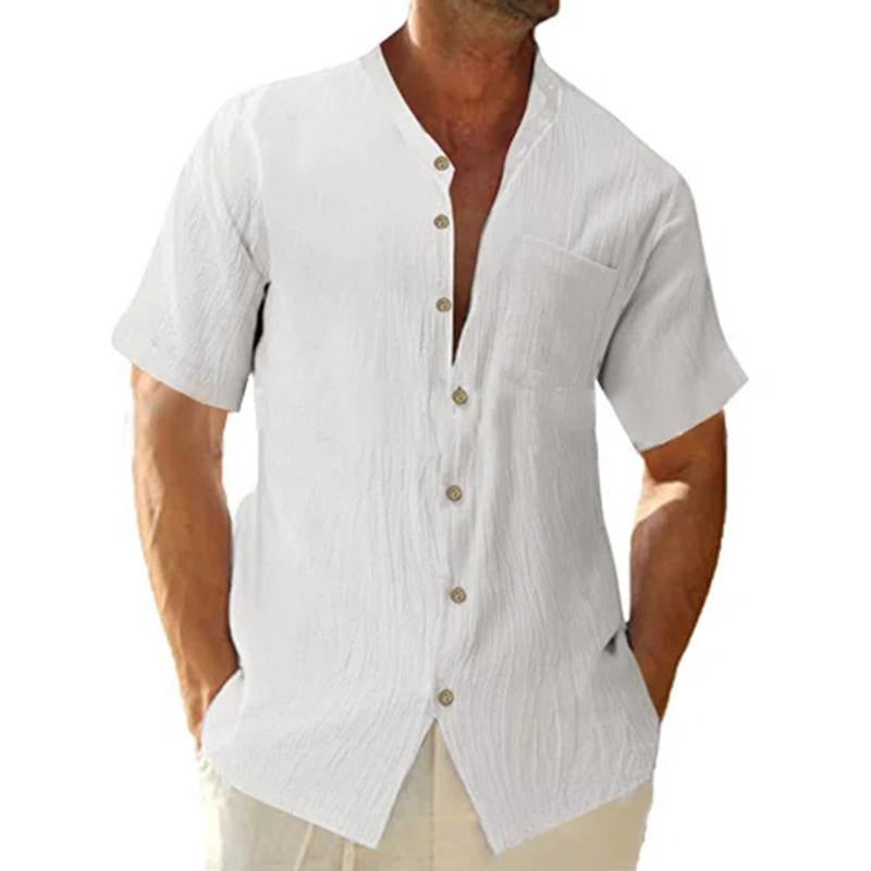 Mens Casual Stand Collar Loose Linen Solid Color Short Sleeve Shirt 84541565M