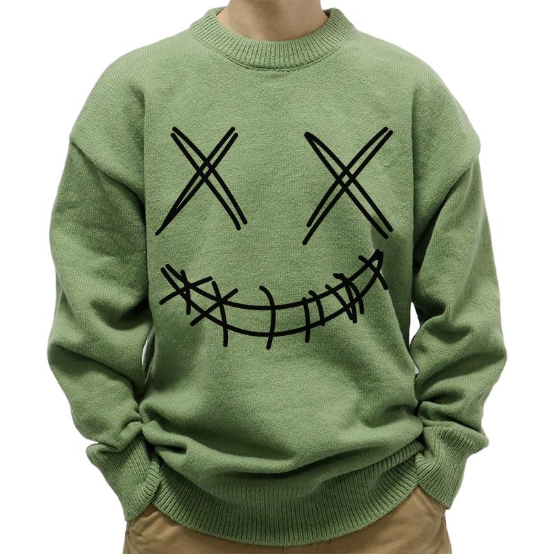 Mens Casual Round Neck Smiley Print Long Sleeve Pullover Sweater 57395732M