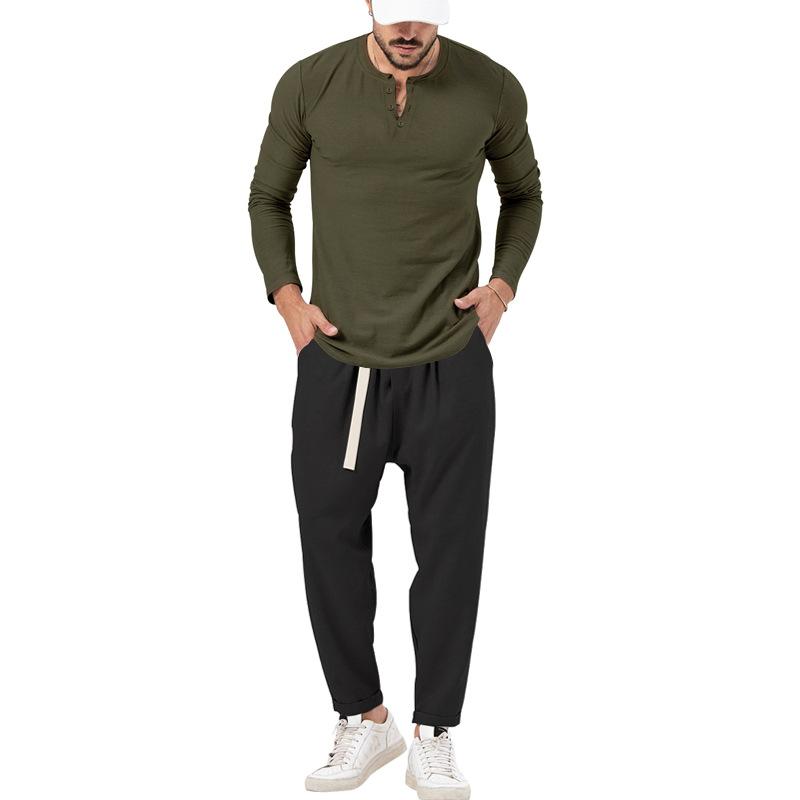 Mens Solid Color Casual Long Sleeve Henley T-Shirt Trouser Set 72706978X