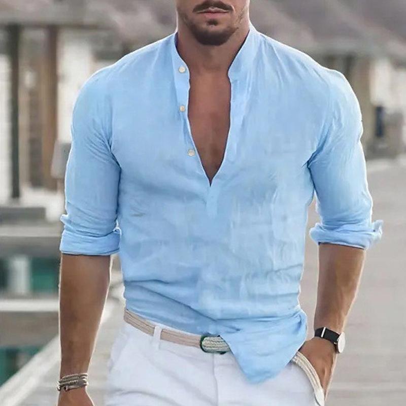 Mens Casual Solid Color Henley Collar Short Sleeve Shirt 37372015Y