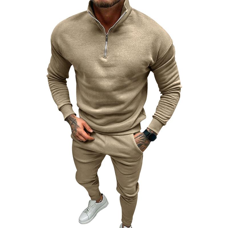 Mens Solid Color Casual Sports Zipper Stand Collar Two-Piece Set 58575500X