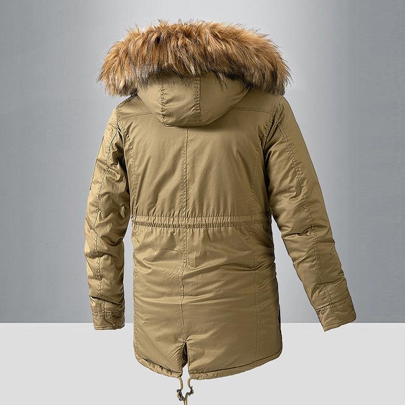 Mens Casual Outdoor Fleece Warm Hooded Fur Collar Mid-Length Parka Coat 52916289M