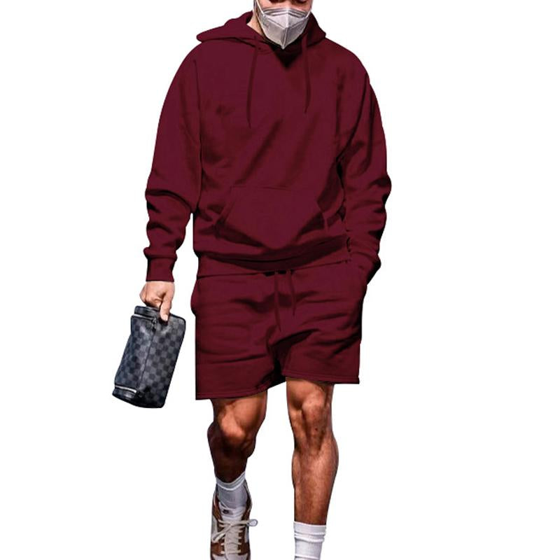 Mens Solid Color All-match Hooded Fleece Sweater Long-sleeved Shorts Two-piece Set 39839808X