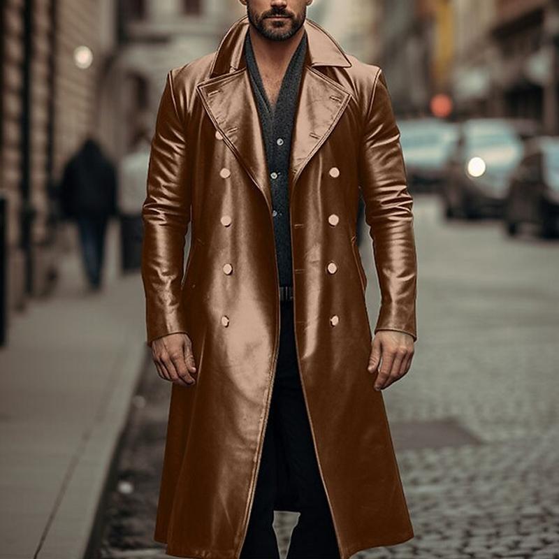 Mens Vintage Leather Solid Color Mid Length Leather Coat 35506675X