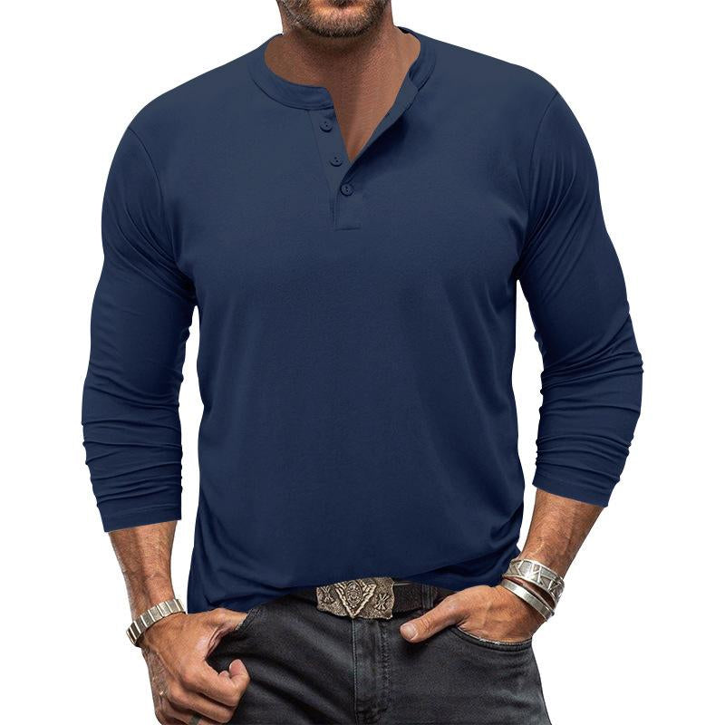 Mens Casual Solid Color Long Sleeve Henley Collar T-Shirt 74111982Y