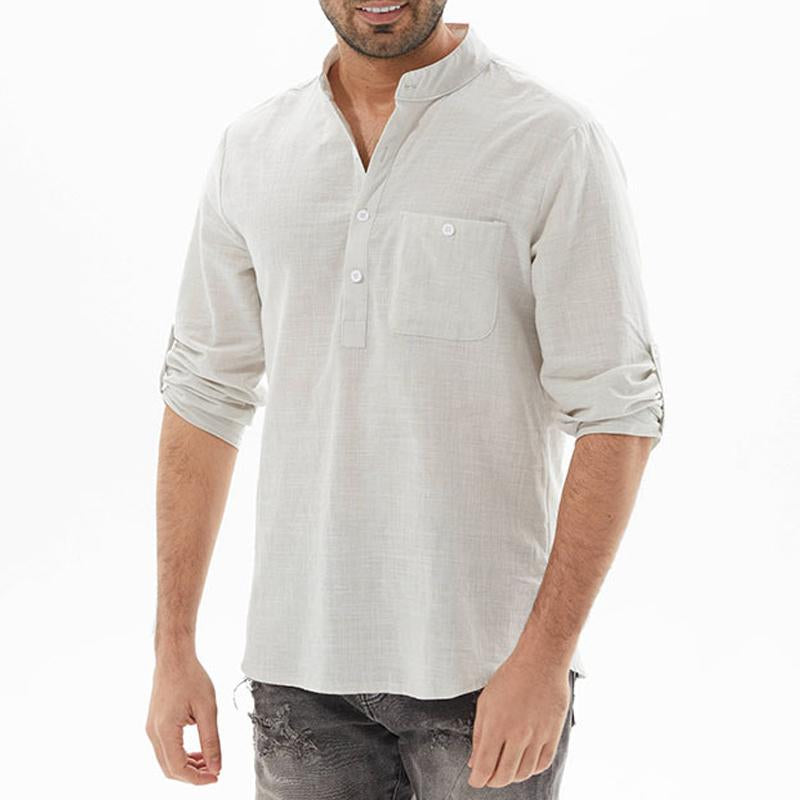 Mens Casual Solid Color Stand Collar Breast Pocket Three Quarter Sleeve Shirt 83013965Y