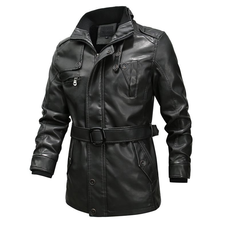 Mens Solid Color Stand Collar Motorcycle PU Leather Coat 24532986X