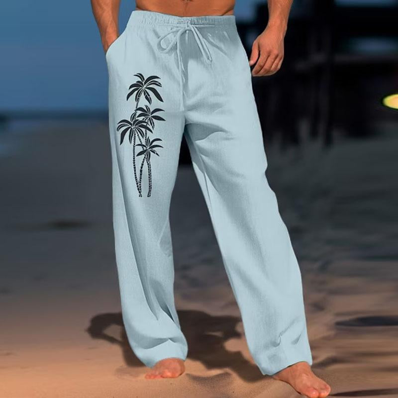 Mens Casual Solid Color Coconut Printed Beach Straight Leg Pants 98073205Y