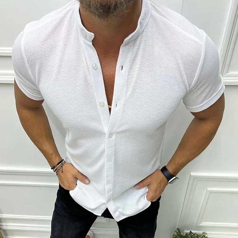 Mens Casual Solid Color Stand Collar Waffle Short Sleeve Shirt 42874660M