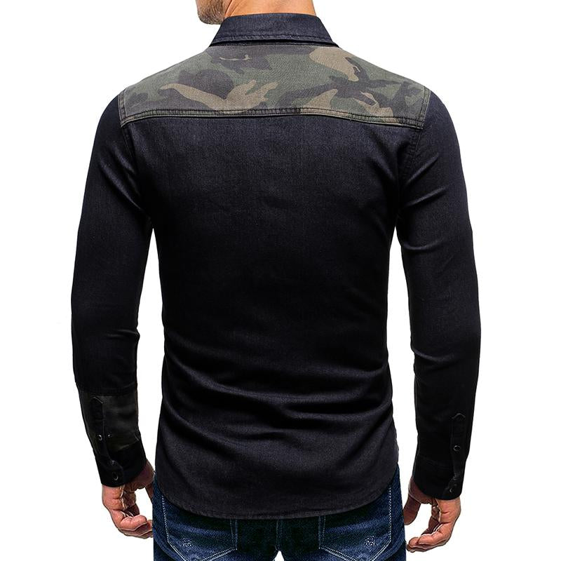 Mens Casual Paneled Camouflage Denim Long Sleeve Shirt 73555184Y