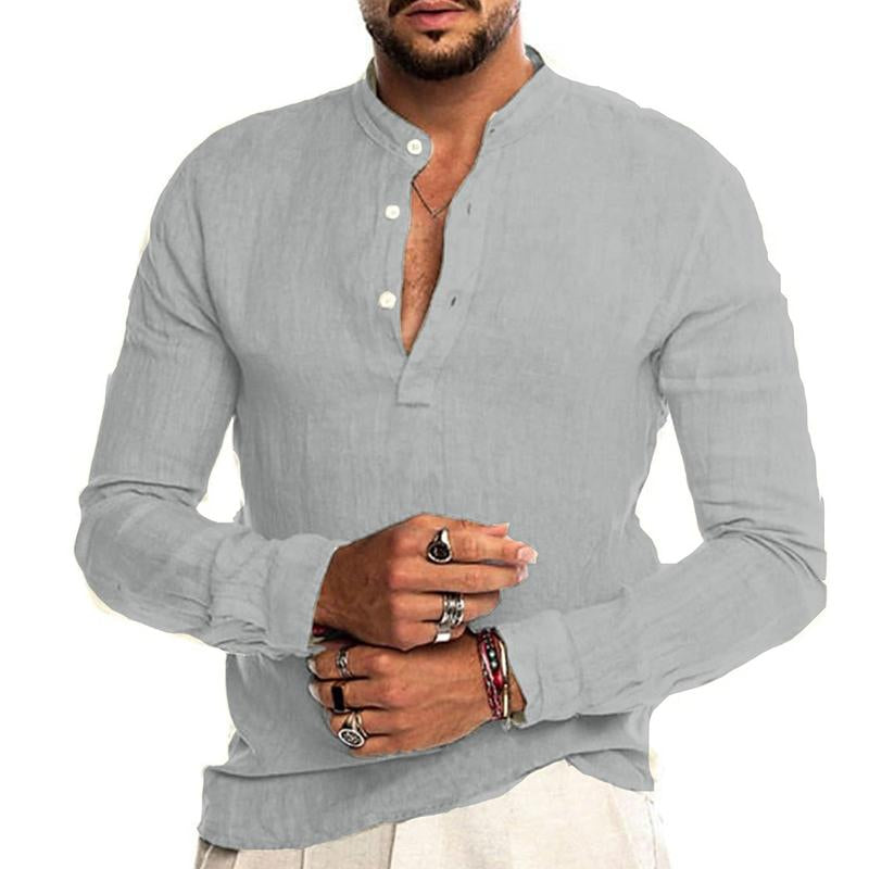 Mens Casual Cotton Linen Henley Collar Long Sleeve Shirt 55477511M