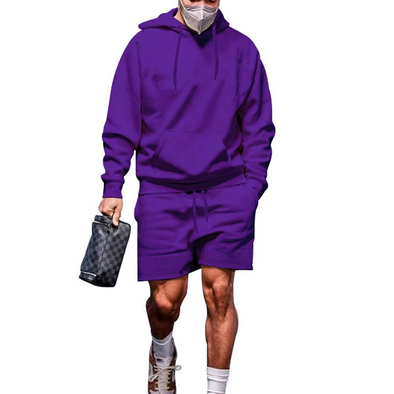 Mens Solid Color All-match Hooded Fleece Sweater Long-sleeved Shorts Two-piece Set 39839808X