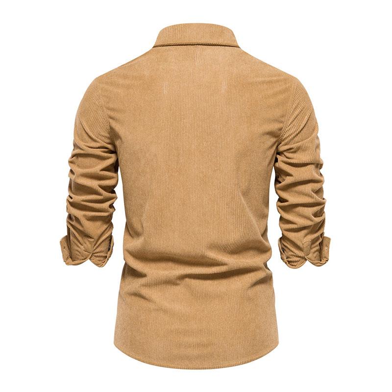 Mens Casual Solid Color Corduroy Slim Lapel Long Sleeve Shirt 09000742M