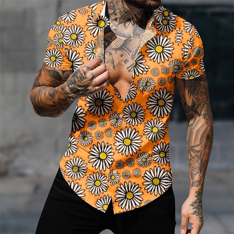 Mens Hawaiian Floral Print Lapel Short Sleeve Button Down Shirt 58582213X