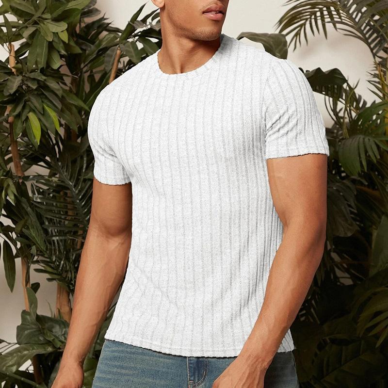 Mens Solid Striped Round Neck Short Sleeve T-shirt 94410674Z