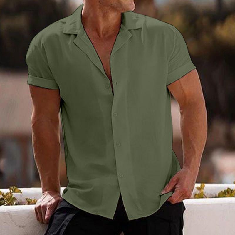 Mens Vintage Casual Solid Color Lapel Short Sleeve Shirt 63820260Y