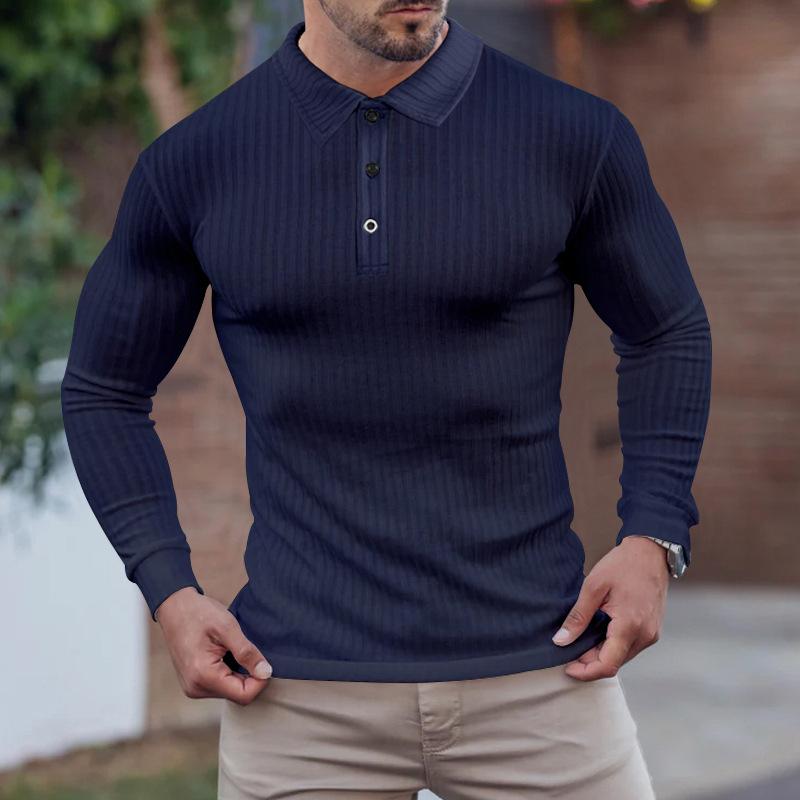 Mens Casual Solid Color Pitted Loose Lapel Long Sleeve Polo Shirt 89479959M