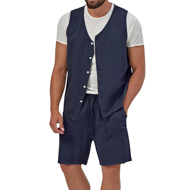 Mens Casual Loose Solid Color Sleeveless Vest Shorts Set 61445702X