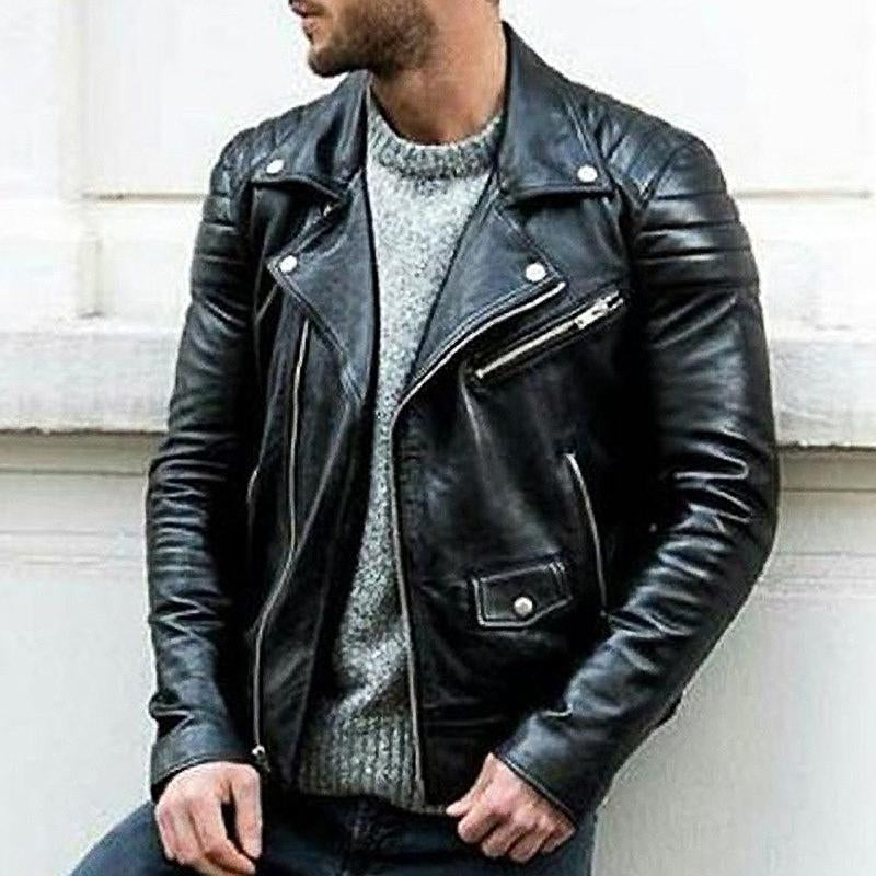 MenS Retro Tough Guy Rugged Style Solid Color Multi-Pocket Lapel Leather Jacket 55325289Y