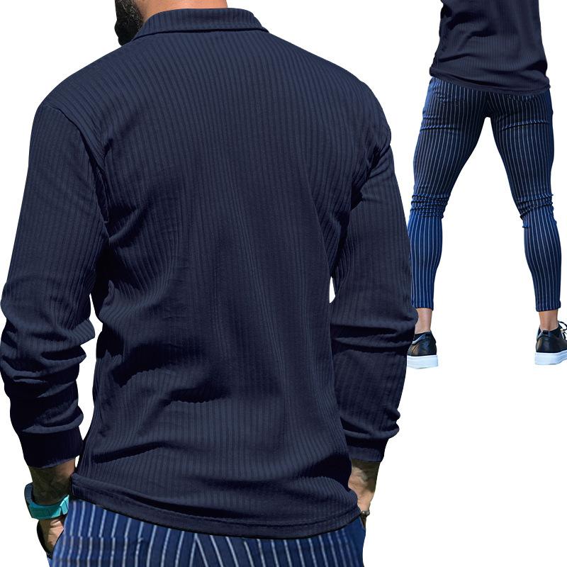 Mens Casual Solid Color Long Sleeve Polo Shirt Stripe Pants Set 73645896Y