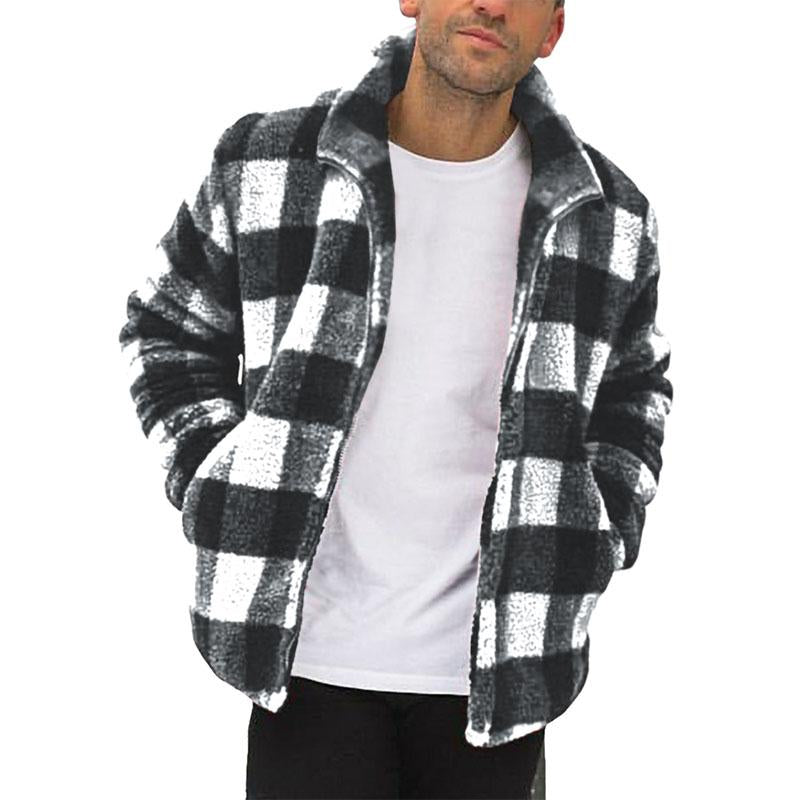 Mens Casual Stand Collar Plaid Plush Warm Zip Jacket 06163939M