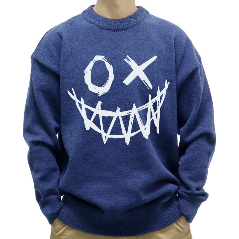 Mens Casual Round Neck Funny Smiley Print Long Sleeve Pullover Sweater 54982270M