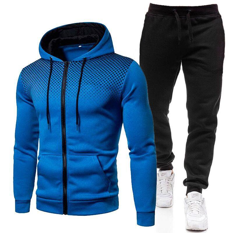 Mens Casual Polka Dot Print Hooded Zipper Jacket Sweatpants Sports Set 30606823M