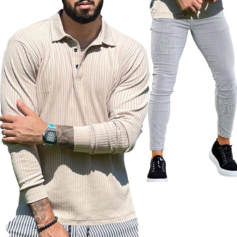 Mens Casual Solid Color Long Sleeve Polo Shirt Stripe Pants Set 73645896Y