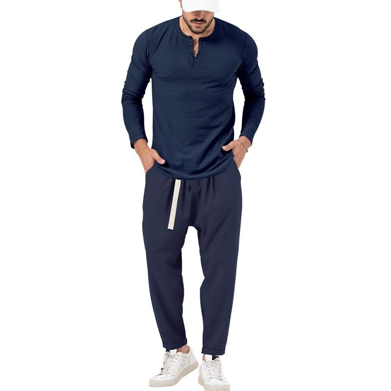 Mens Solid Color Casual Long Sleeve Henley T-Shirt Trouser Set 72706978X